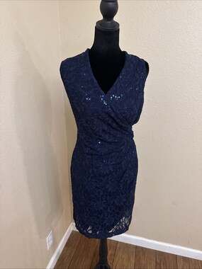Lauren Ralph Lauren Dress Womens 4 Navy Sequin Lace Sheath Formal Cocktail Event